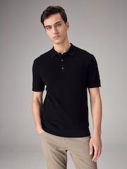 Black Regular Fit Knitted Waffle Textured 100% Cotton Polo Shirt - Image 2 of 6