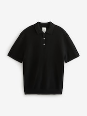 Black Regular Fit Knitted Waffle Textured 100% Cotton Polo Shirt - Image 4 of 6