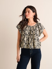 Mono Tile Print Textured Flutter Sleeve Top - Image 1 of 6