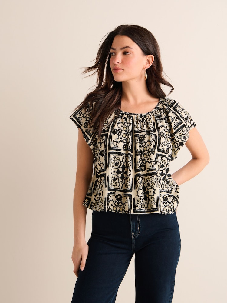 Mono Tile Print Textured Flutter Sleeve Top - Image 1 of 6