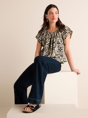 Mono Tile Print Textured Flutter Sleeve Top - Image 2 of 6