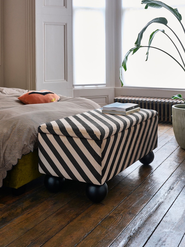 Rockett St George Studio Stripe Velvet Sand and Black The Balls Storage Ottoman Bench - Image 1 of 6