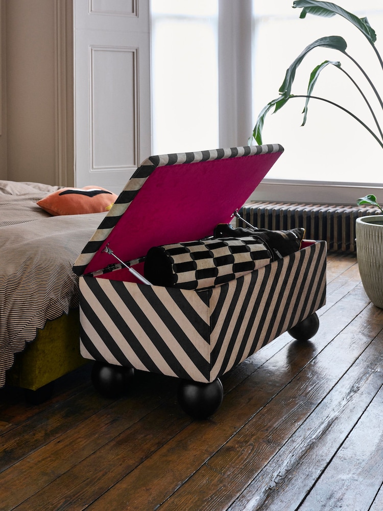Rockett St George Studio Stripe Velvet Sand and Black The Balls Storage Ottoman Bench - Image 2 of 6