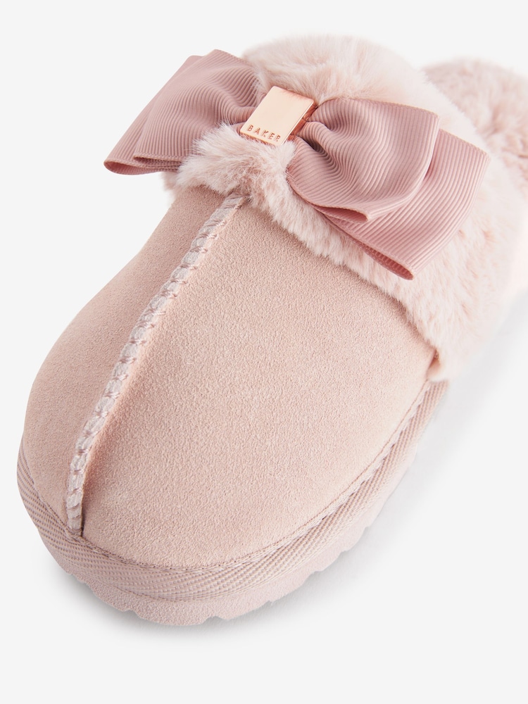 Baker by Ted Baker Girls Pink Faux Fur Trim Mule Slippers with Bow - Image 2 of 4