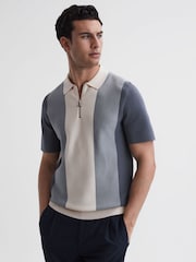 Reiss Airforce Blue/Ecru Milton Half-Zip Striped Polo T-Shirt - Image 1 of 4
