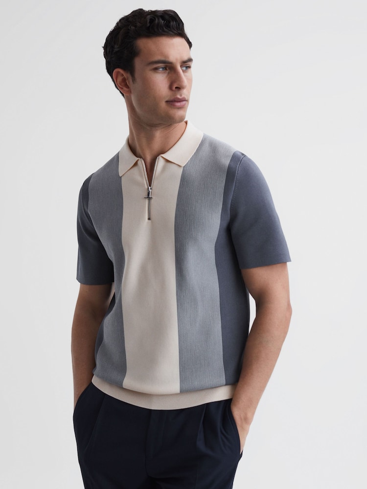 Reiss Airforce Blue/Ecru Milton Half-Zip Striped Polo T-Shirt - Image 1 of 4