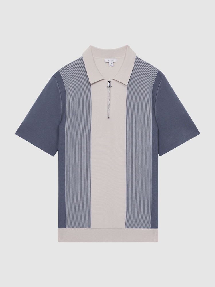 Reiss Airforce Blue/Ecru Milton Half-Zip Striped Polo T-Shirt - Image 2 of 4