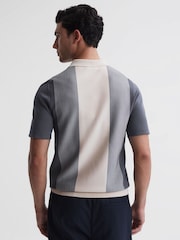 Reiss Airforce Blue/Ecru Milton Half-Zip Striped Polo T-Shirt - Image 4 of 4