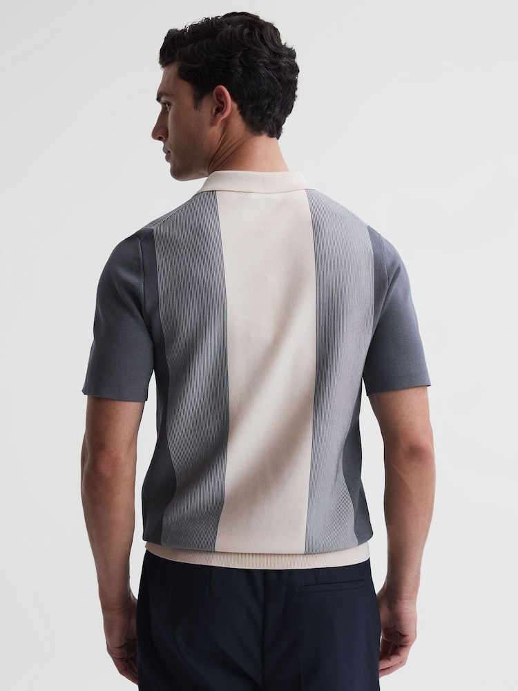 Reiss Airforce Blue/Ecru Milton Half-Zip Striped Polo T-Shirt - Image 4 of 4