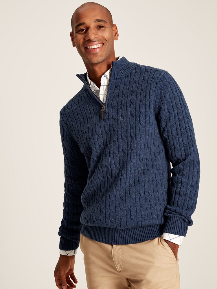 Joules Cable Knit Blue Quarter Zip Jumper - Image 1 of 6