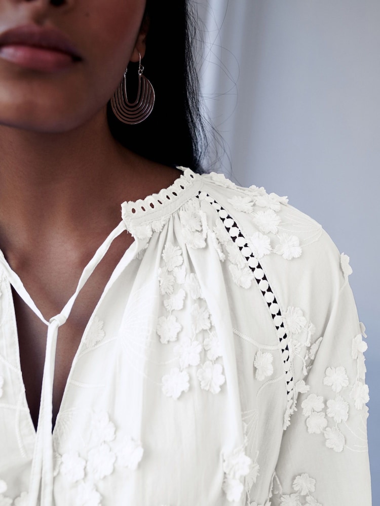 White Tie Neck Floral Blouse - Image 2 of 11