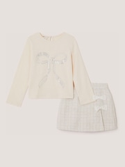 Monsoon Cream Embellished Bow Top & Tweed Skort Set - Image 1 of 2