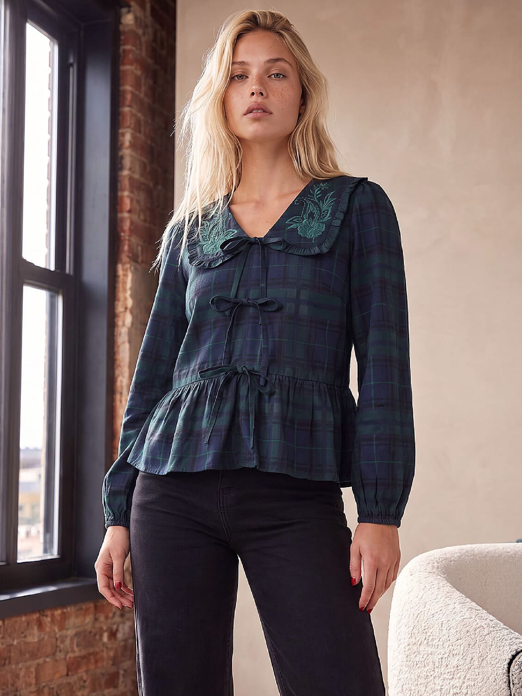 Dusk Women's Green Check Tie Detail Top In | Size: 16 - Image 2