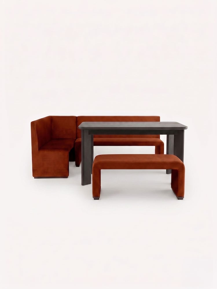 MADE.COM Rust Red Velvet Left Hand Corner Bench and Dining Table Set - Image 2 of 2 MADE.COM Rust Red Velvet Left Hand Corner Bench and Dining Table Set - Image 2 of 2