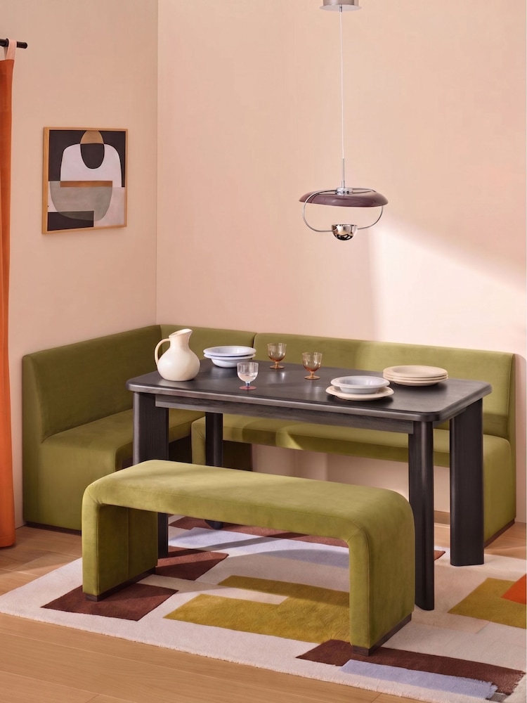 MADE.COM Fern Green Velvet Left Hand Corner Bench and Dining Table Set - Image 1 of 2
