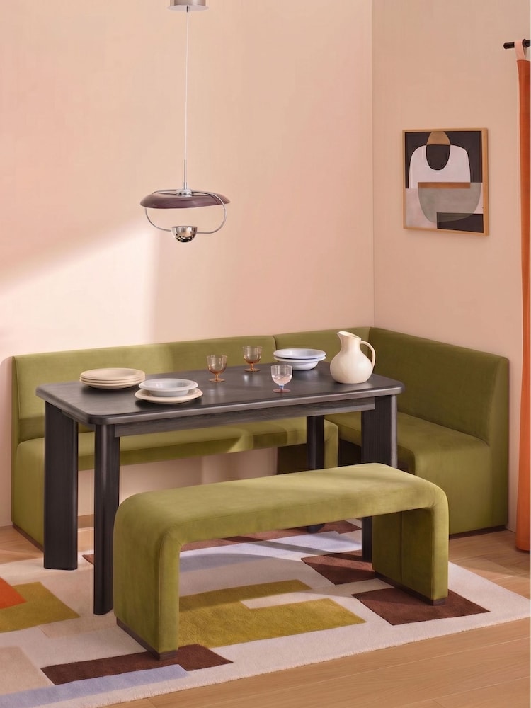 MADE.COM Fern Green Velvet Right Hand Corner Bench and Dining Table Set - Image 1 of 2 MADE.COM Fern Green Velvet Right Hand Corner Bench and Dining Table Set - Image 1 of 2