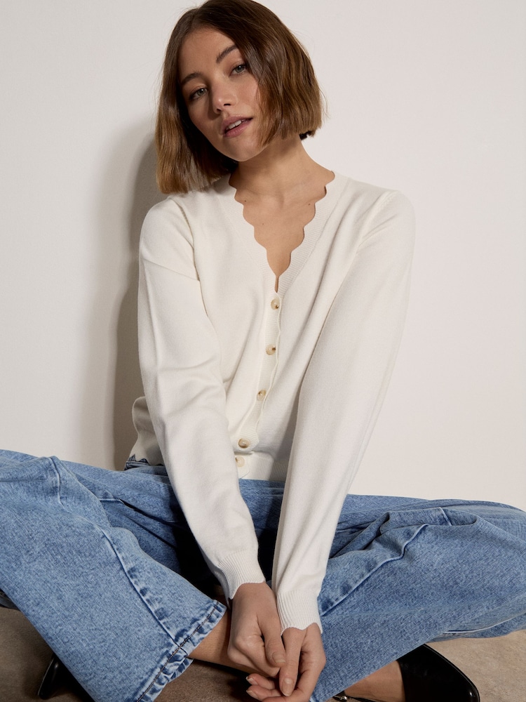 Apricot Cream Scallop Hem Cardigan - Image 2 of 5 Apricot Cream Scallop Hem Cardigan - Image 2 of 5