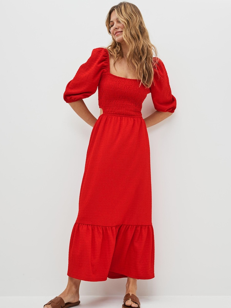 Rot - Strukturiertes Midikleid aus Jersey mit Zierausschnitt - Bild 1 von 5 Rot - Strukturiertes Midikleid aus Jersey mit Zierausschnitt - Bild 1 von 5