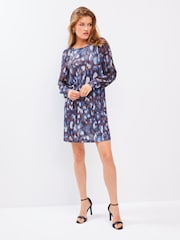 Navy Animal Print Long Cuff Sleeve Mini Dress - Image 1 of 6
