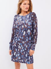 Navy Animal Print Long Cuff Sleeve Mini Dress - Image 3 of 6