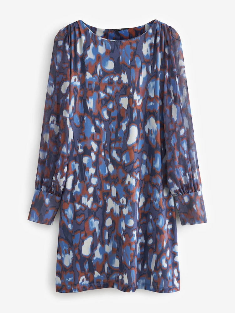 Navy Animal Print Long Cuff Sleeve Mini Dress - Image 5 of 6