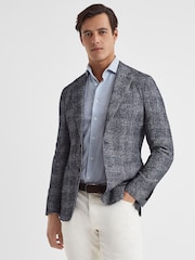 Reiss Navy Lindhurst Slim Fit Single Breasted Check Blazer - Image 1 of 7