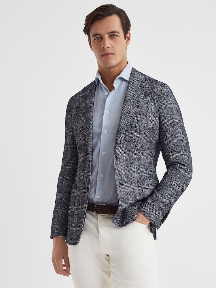 Reiss Navy Lindhurst Slim Fit Single Breasted Check Blazer - Image 1 of 7