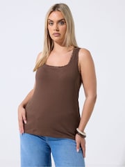 Yours Curve Brown Lace Trim Vest Top - Image 1 of 6