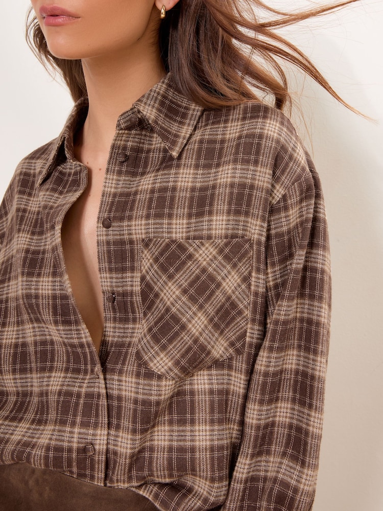 Lipsy Brown Check Oversized Pocket Detail Shirt - Image 2 of 4 Lipsy Brown Check Oversized Pocket Detail Shirt - Image 2 of 4