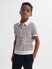 Reiss White/Brown Maycross Junior Half-Zip Striped Polo T-Shirt - Image 1 of 7