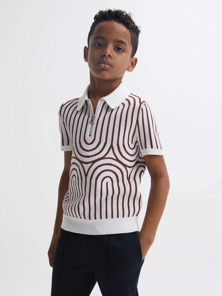 Reiss White/Brown Maycross Junior Half-Zip Striped Polo T-Shirt - Image 1 of 7