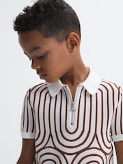 Reiss White/Brown Maycross Junior Half-Zip Striped Polo T-Shirt - Image 4 of 7