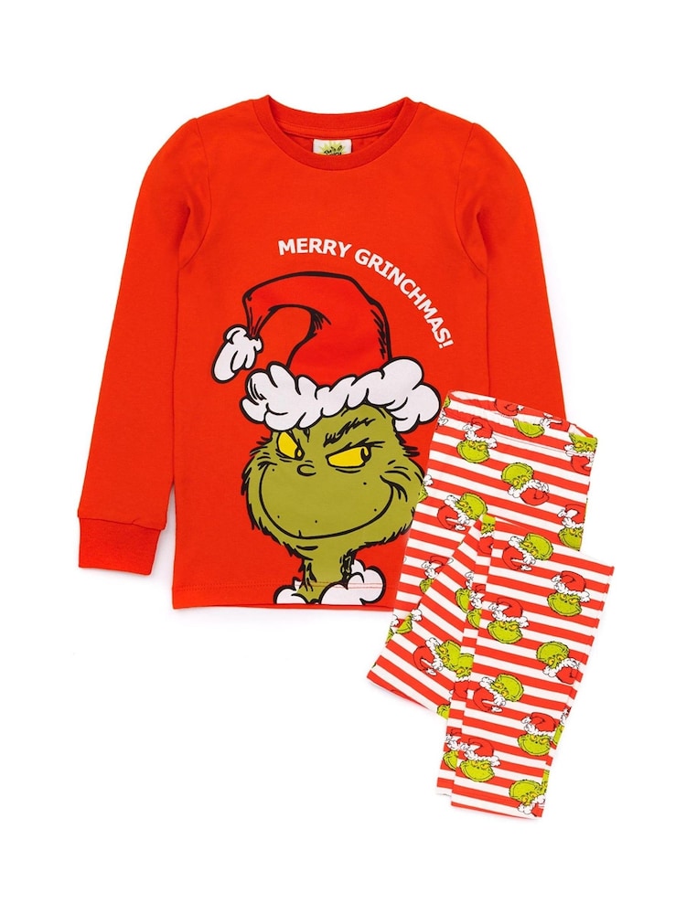 Vanilla Underground Red The Grinch Boys Long Sleeve Long Leg 100% Cotton Pyjamas Christmas Set - Image 1 of 5