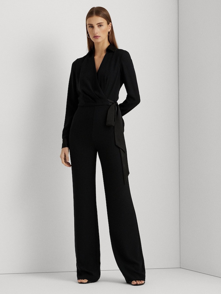 Lauren Ralph Lauren Surplice Georgette Wide Leg Black Jumpsuit - Image 1 of 8