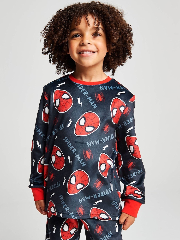Brand Threads Black Spiderman Fleece Twosie Pyjamas Set - Image 1 of 10 Brand Threads Black Spiderman Fleece Twosie Pyjamas Set - Image 1 of 10