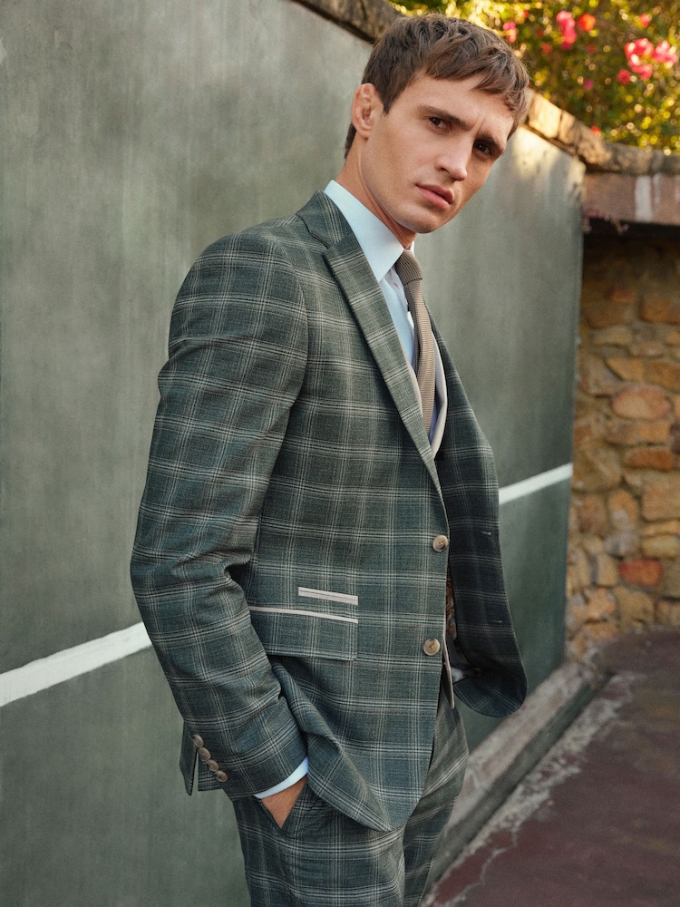 Green Slim Fit Trimmed Check Suit Jacket - Image 1 of 11