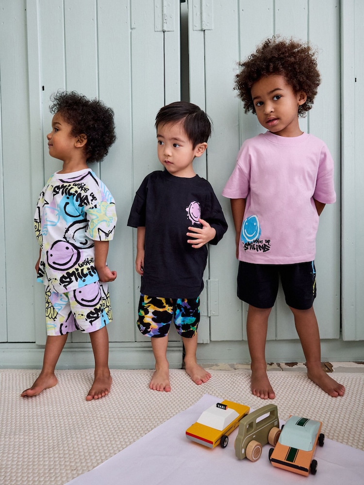 Black/Purple/Blue Smile Short Sleeve 3 Pack Pyjama Set (9mths-12yrs) - Image 1 of 9