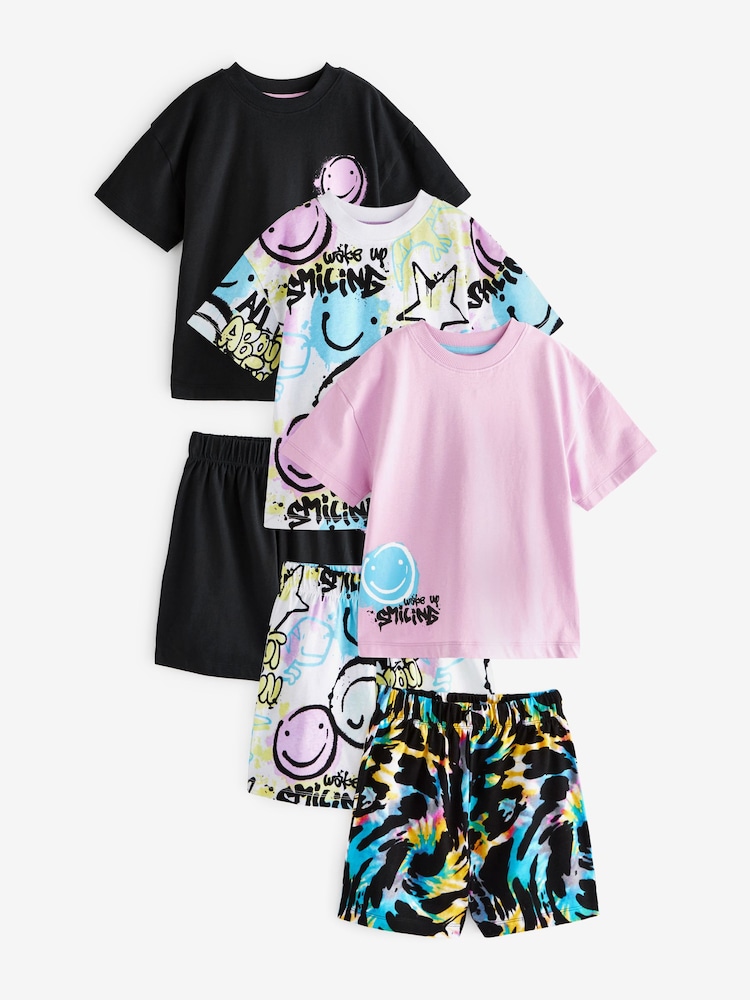 Black/Purple/Blue Smile Short Sleeve 3 Pack Pyjama Set (9mths-12yrs) - Image 5 of 9