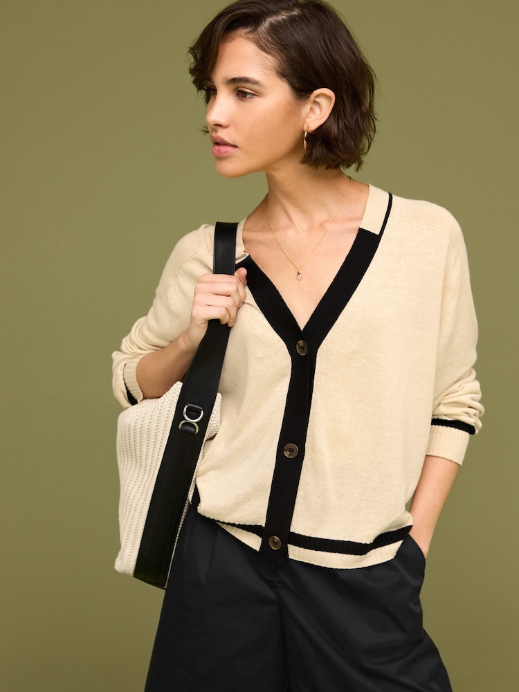 Neutral Brown Linen Button Up Cardigan - Image 1 of 7