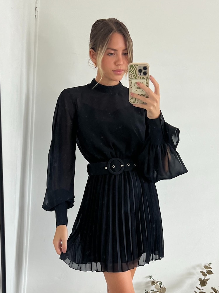 Style Cheat Black Mia High Neck Pleated Mini Dress - Image 1 of 4