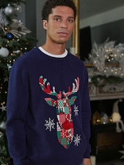 Navy Blue Reindeer Regular Christmas Mens Knitted Jumper - Image 1 of 7