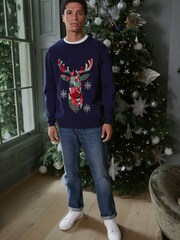 Navy Blue Reindeer Regular Christmas Mens Knitted Jumper - Image 2 of 7
