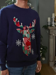 Navy Blue Reindeer Regular Christmas Mens Knitted Jumper - Image 5 of 7