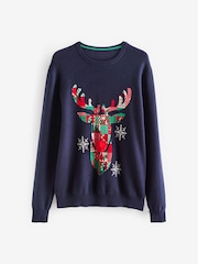 Navy Blue Reindeer Regular Christmas Mens Knitted Jumper - Image 6 of 7