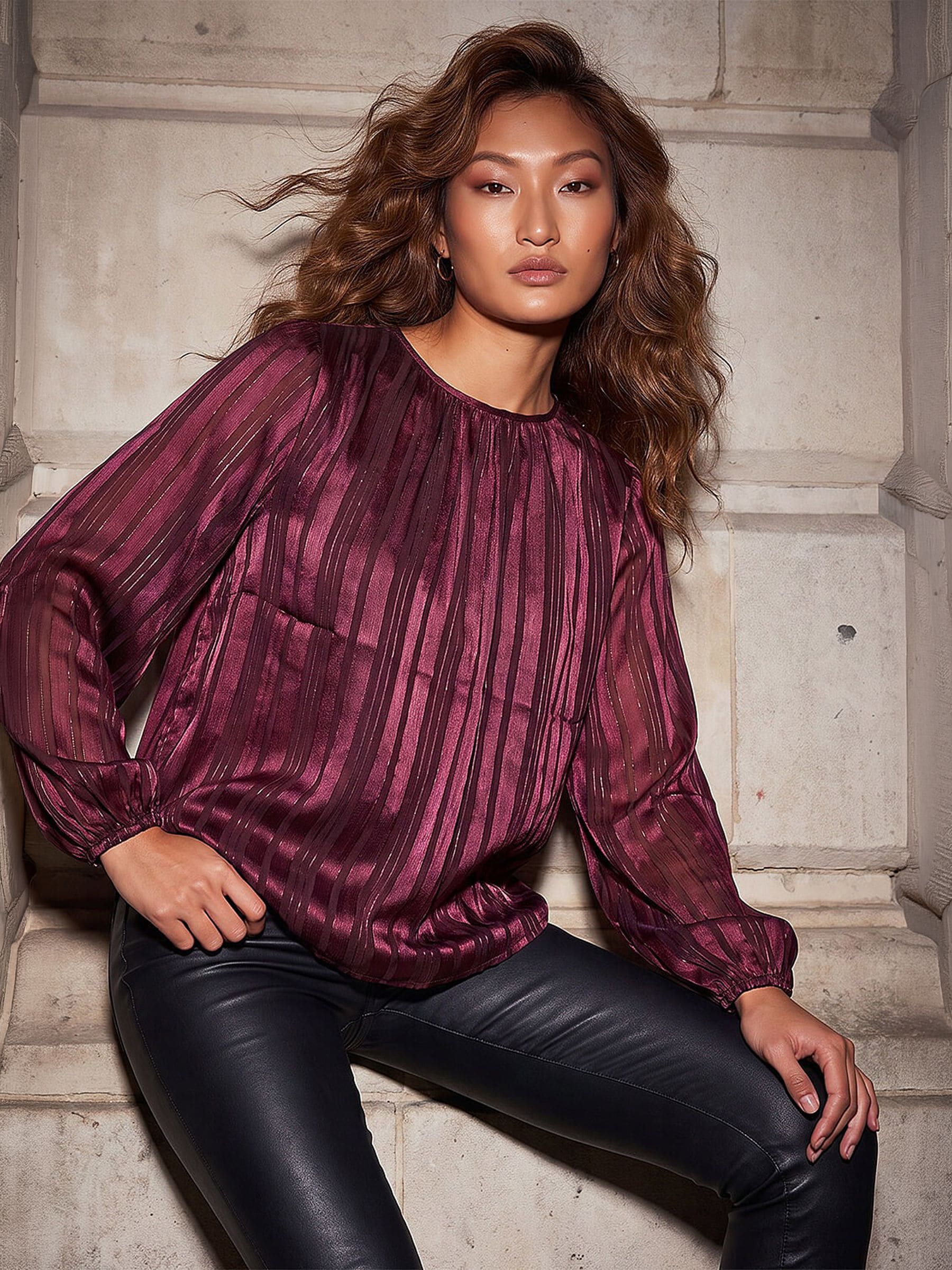 Roman Women's Wine Satin Stripe Pleated Top In | Size: 20 - Image 2