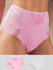 Pink/White High Rise Tummy Control Lace Knickers 2 Pack - Image 1 of 6