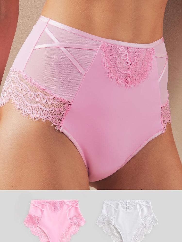 Pink/White High Rise Tummy Control Lace Knickers 2 Pack - Image 1 of 6