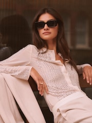 Reiss Cream Robyn Fitted Embellished Shirt - Image 1 of 5