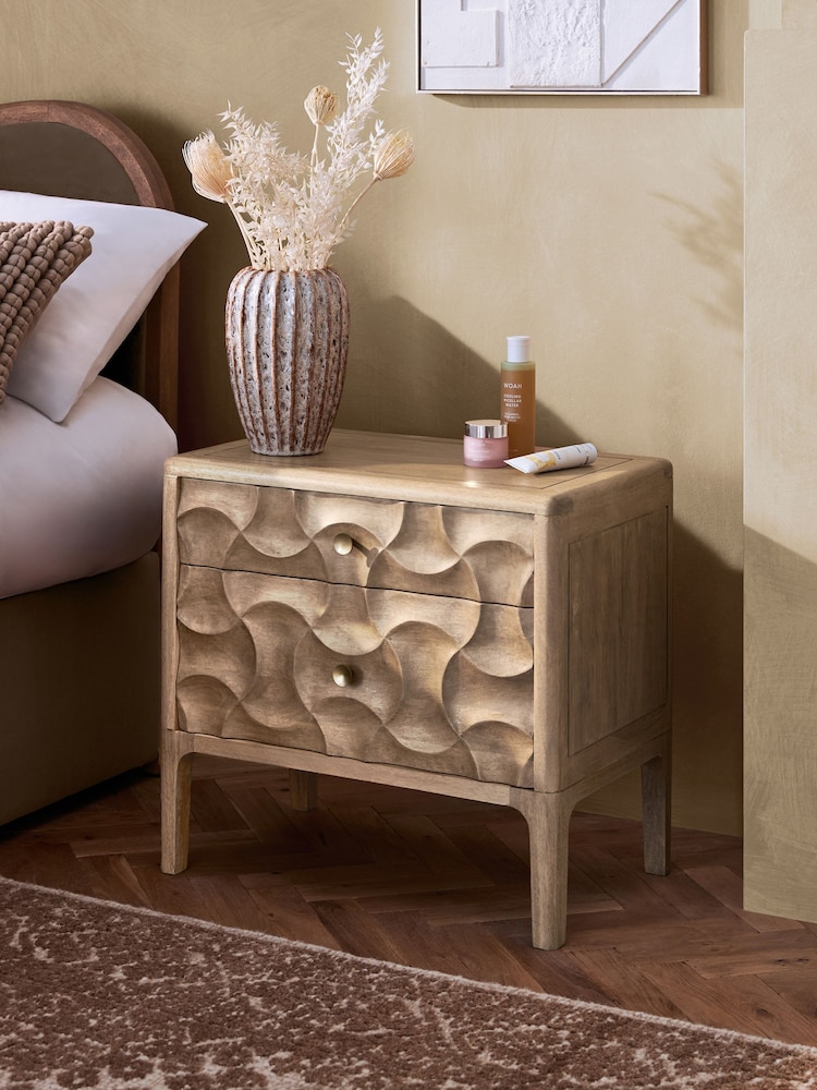 Mid Natural Alba Solid Mango 2 Drawer Wide Bedside Table - Image 1 of 10