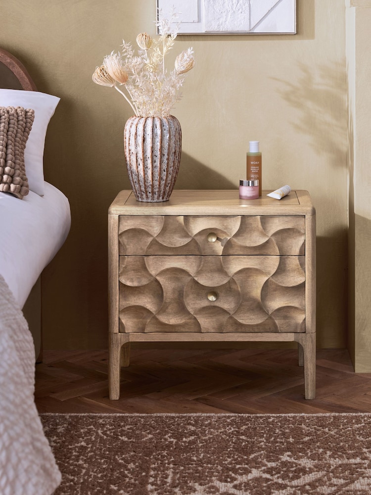 Mid Natural Alba Solid Mango 2 Drawer Wide Bedside Table - Image 2 of 10